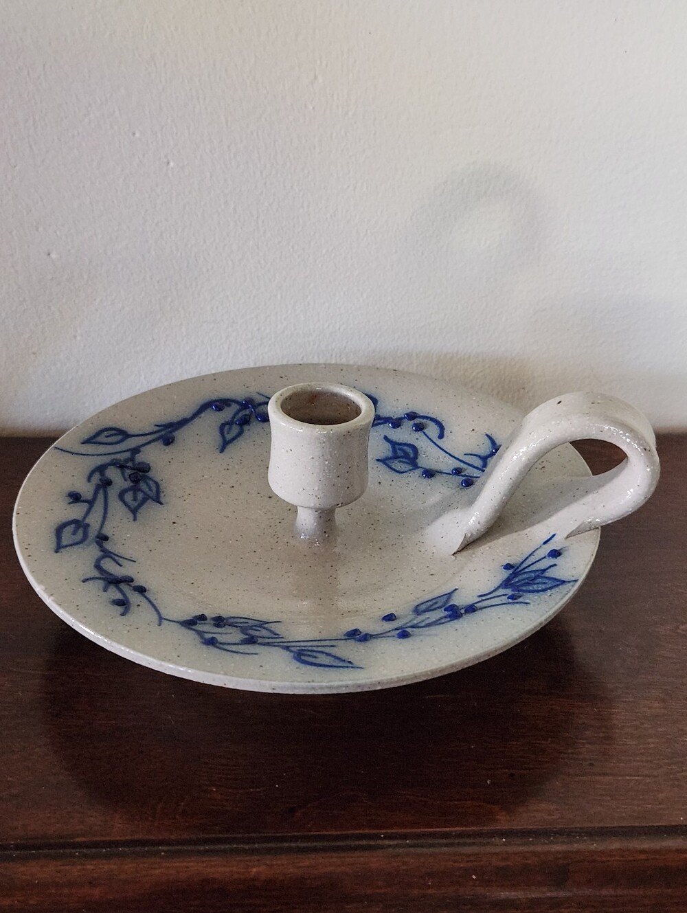 Salmon Falls 7" Stoneware Blue Vine Salt Glazed Pottery Chamberstick Candlestick